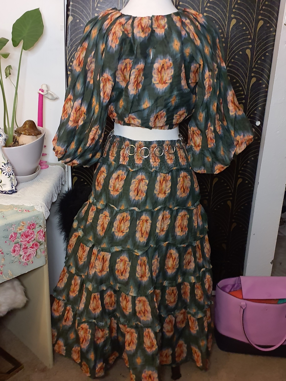 Floral Tiered Maxi Skirt — Green & Orange